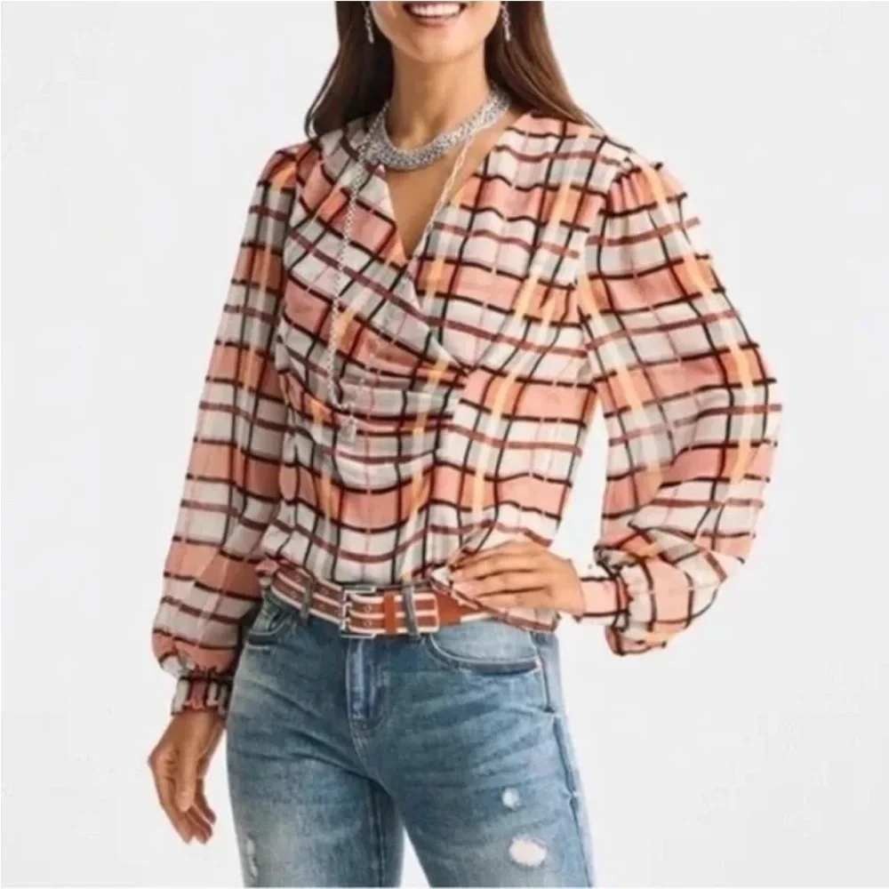 Cabi Playlist Blouse 5995 Women Medium NWT Plaid Draped Surplice V-Neck Top
